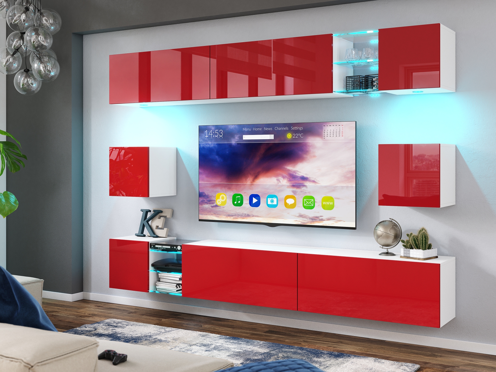 Wohnwand Midi 255 Rot Hochglanz/Weiß Matt Mediawand Medienwand Design Modern Led Beleuchtung MDF Hochglanz Hängewand Hängeschrank TV Wand