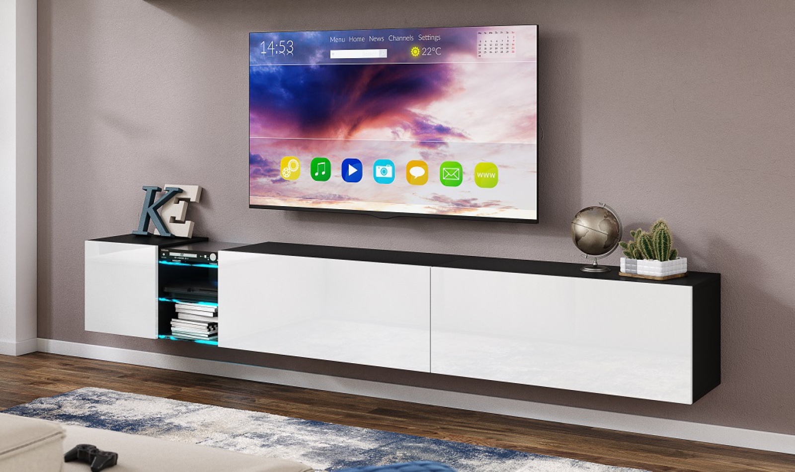 Tv Lowboard Mini 255 Weiß Hochglanz/Schwarz MDF Design Board HiFi Tisch Beleuchtung Modern Wohnwand  Schrank Möbel