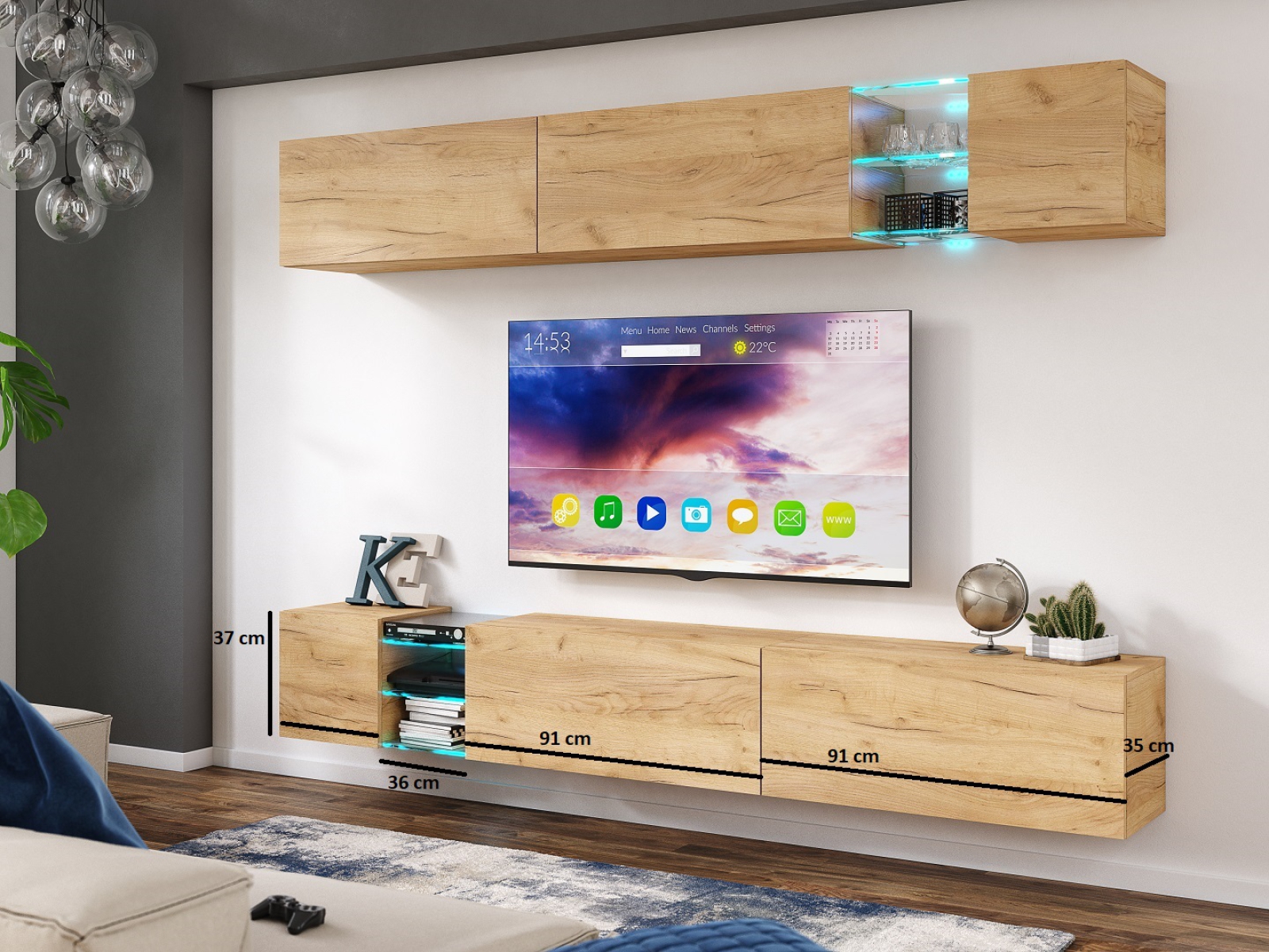 Wohnwand Mini 255 Grau Hochglanz/Weiß Matt Mediawand Medienwand Design Modern Led Beleuchtung MDF Hochglanz Hängewand Hängeschrank TV Wand