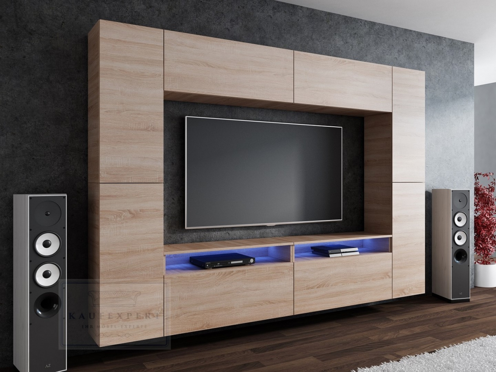 Wohnwand Cinema Sonoma Eiche Matt Mediawand Medienwand Design Modern Led Beleuchtung Hängewand Hängeschrank TV Wand