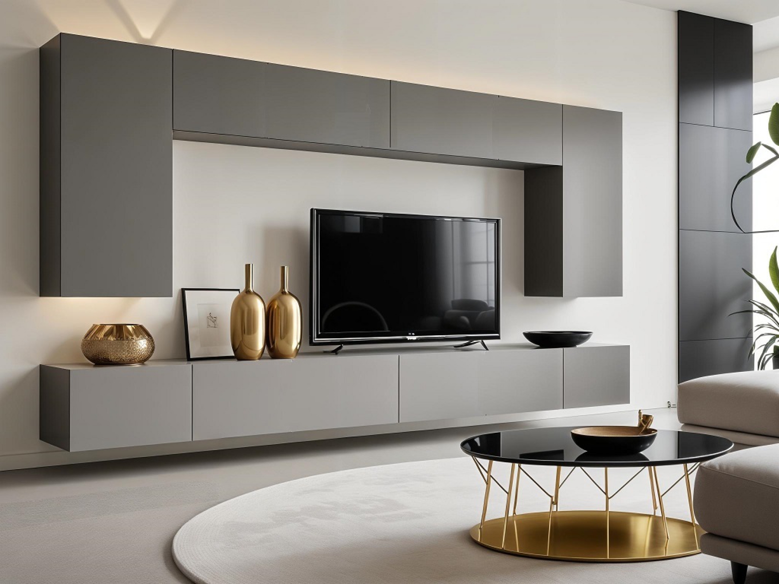 Wohnwand NICEA Mattgrau Mediawand Medienwand Design Modern Led Beleuchtung Hängewand Hängeschrank TV Wand  Grau Matt