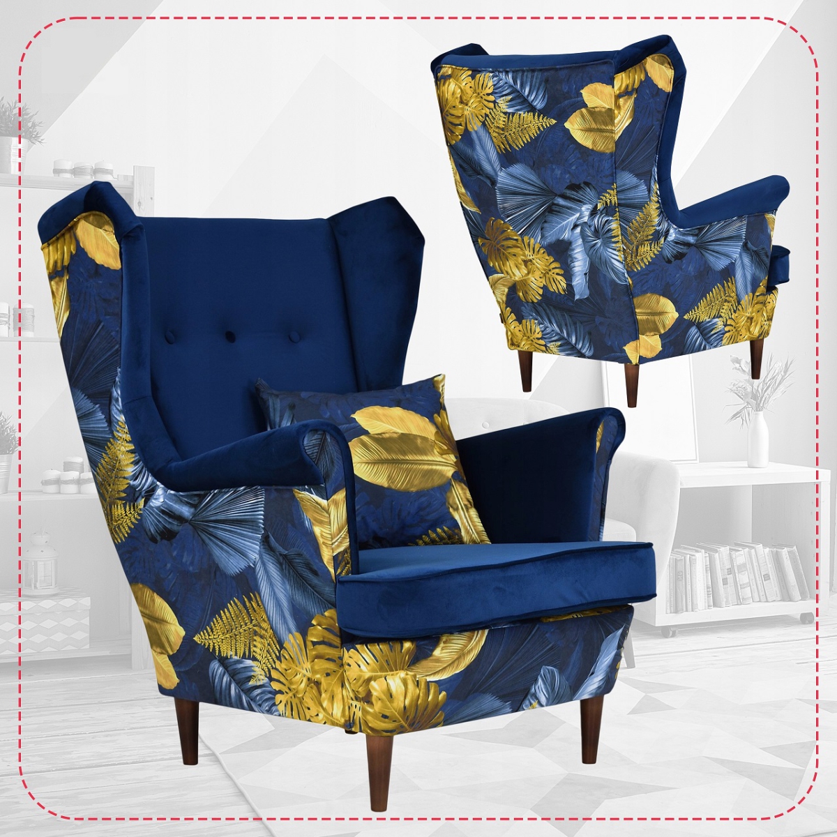 Ohrensessel ARI Poly 2 / Royal 22  Wohnzimmersessel Blumenmuster Sessel Kissen, ohne Hocker mit Knopfheftung Blau
