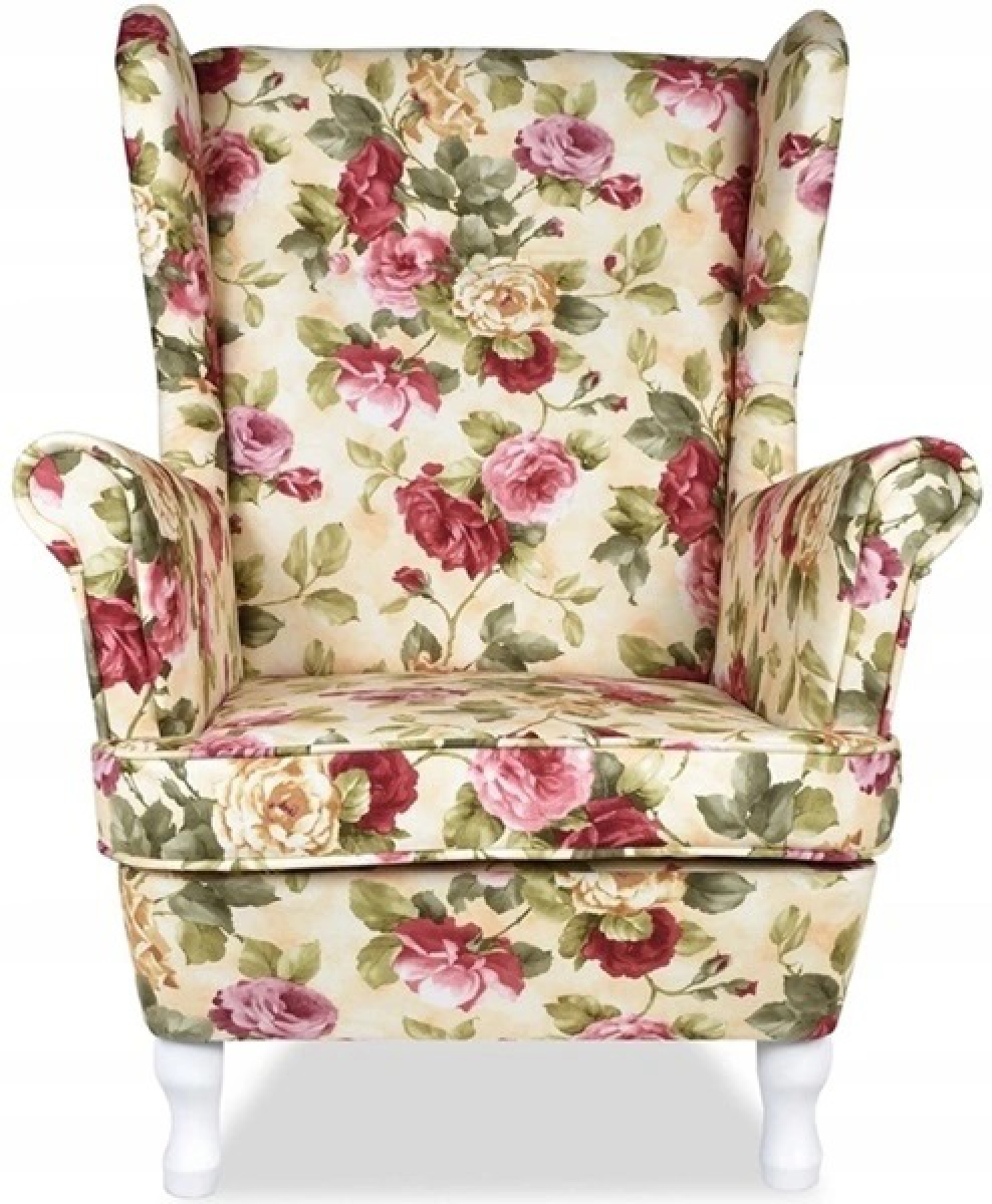 Ohrensessel Rose 01 mit Hocker Wohnzimmersessel  Blumenmuster Rosa geblümt Romantisch