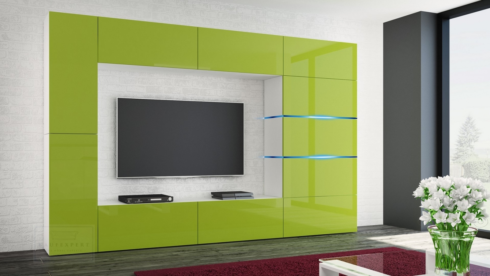 Wohnwand Shadow Lime Hochglanz/Weiß 285 cm Mediawand Anbauwand Medienwand Design Modern Led Beleuchtung Hochglanz Stehend TV Wand