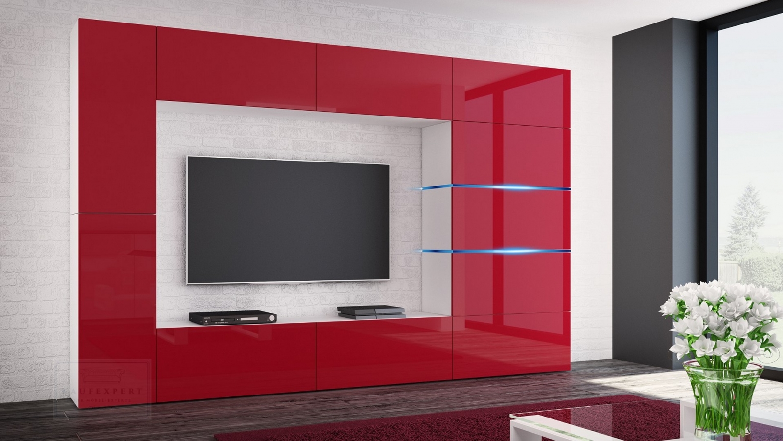 Wohnwand Shadow Rot Hochglanz/Weiß 285 cm Mediawand Anbauwand Medienwand Design Modern Led Beleuchtung MDF Hochglanz Stehend TV Wand