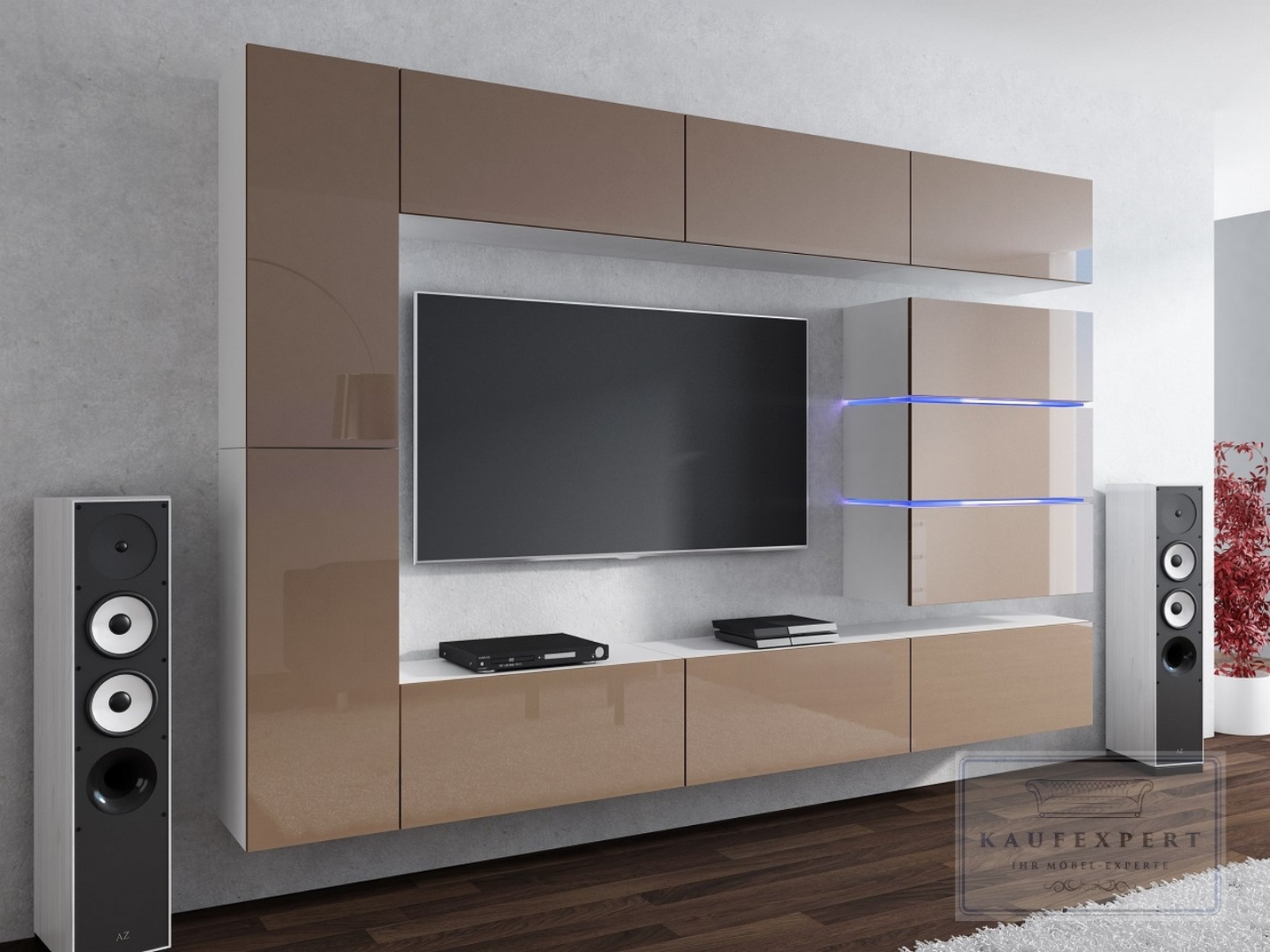 Wohnwand Shine Cappuccino Hochglanz/Weiß 284 cm Mediawand Medienwand Design Modern Led Beleuchtung MDF Hochglanz Hängewand Hängeschrank TV Wand