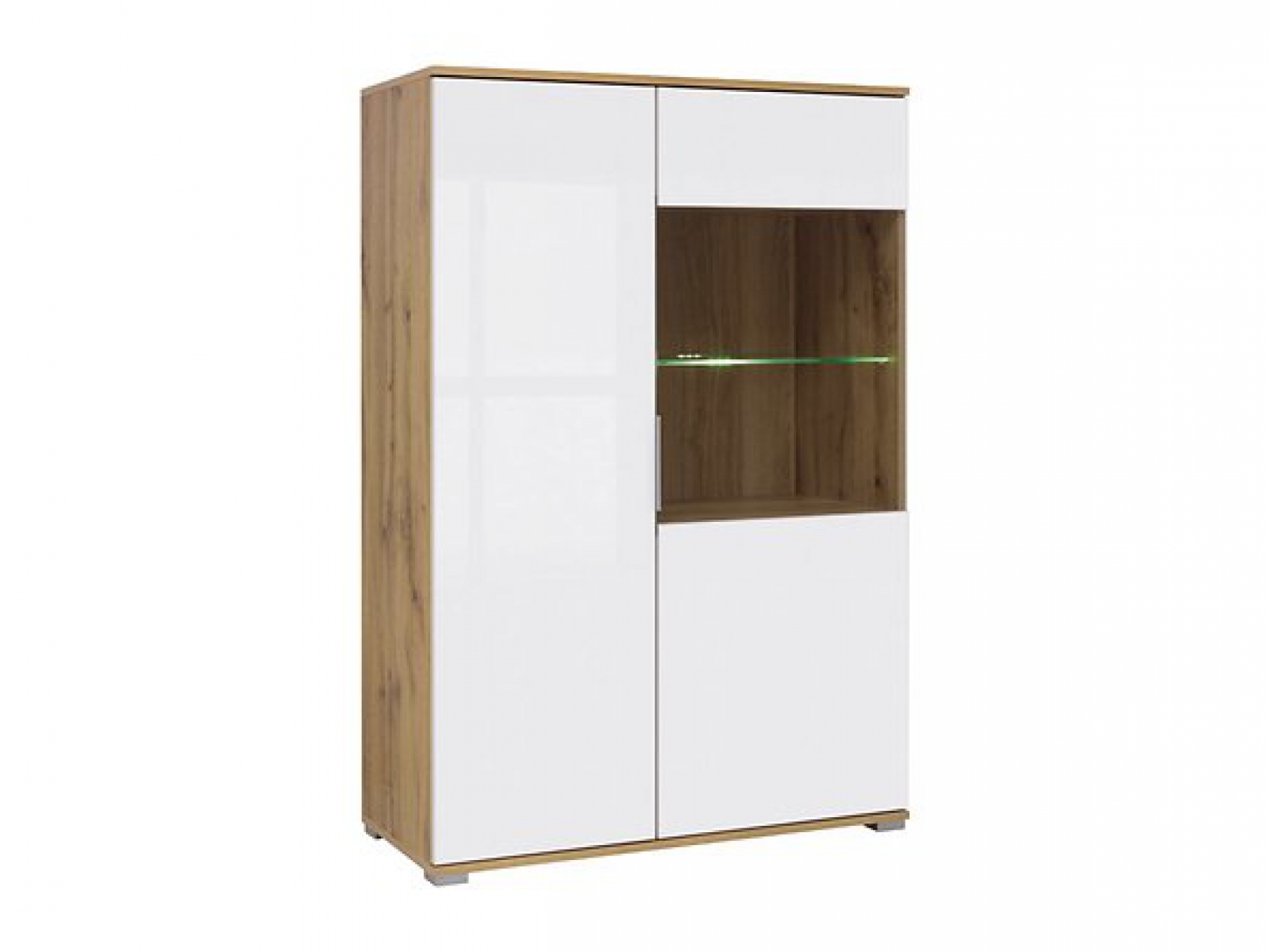 Vitrine Zele 90cm/132,5 cm Weiß Hochglanz/Wotan Eiche Modern Design LED Beleuchtung