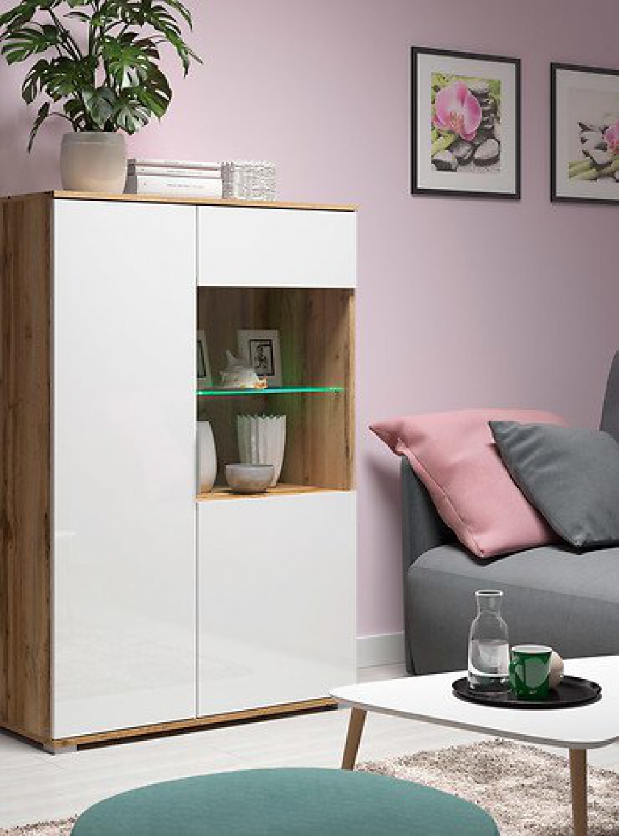 Vitrine Zele 90cm/132,5 cm Weiß Hochglanz/Wotan Eiche Modern Design LED Beleuchtung