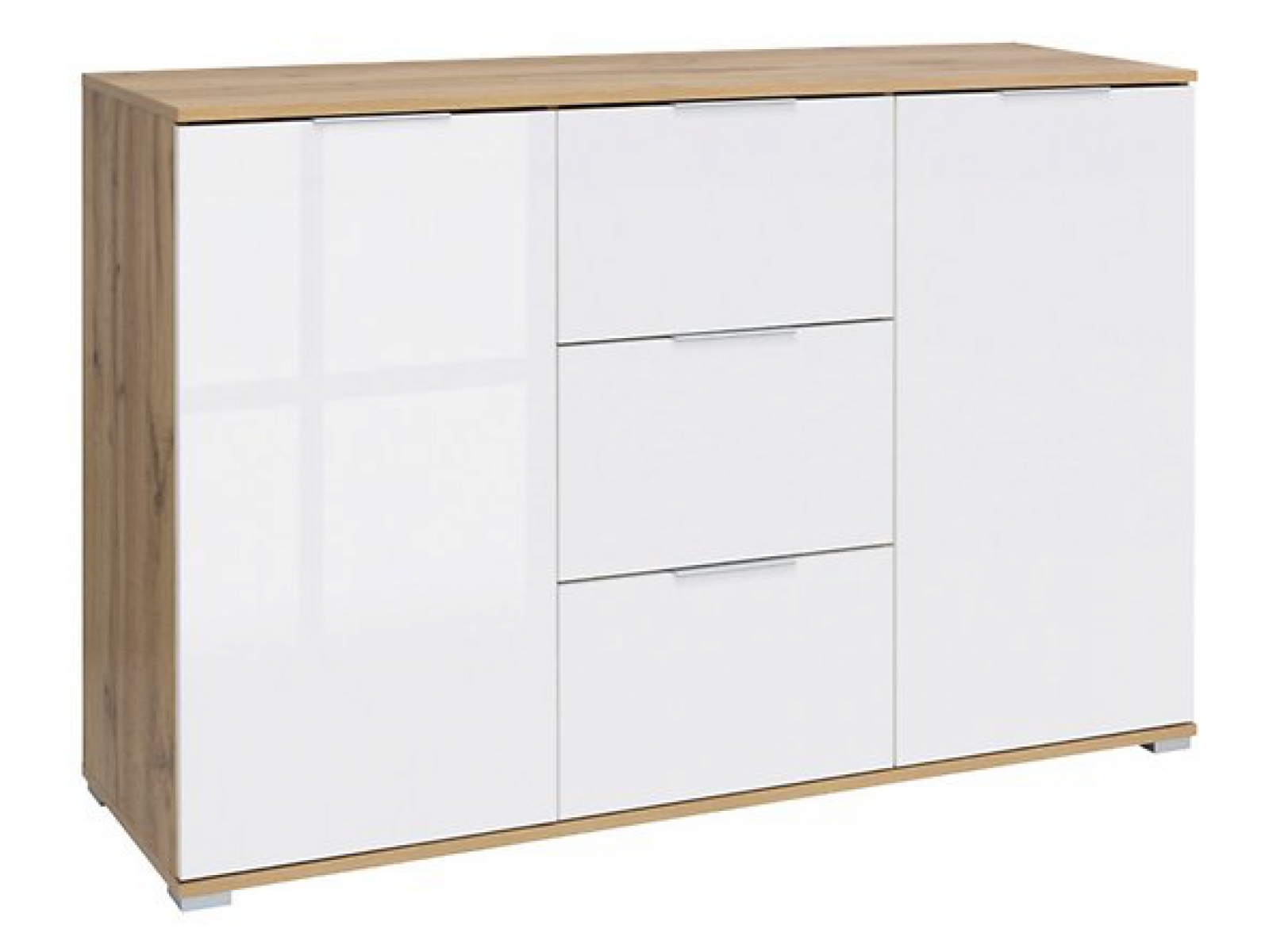 Kommode Zele Sideboard 135 cm Weiß Hochglanz/Wotan Eiche Modern Design Anrichte