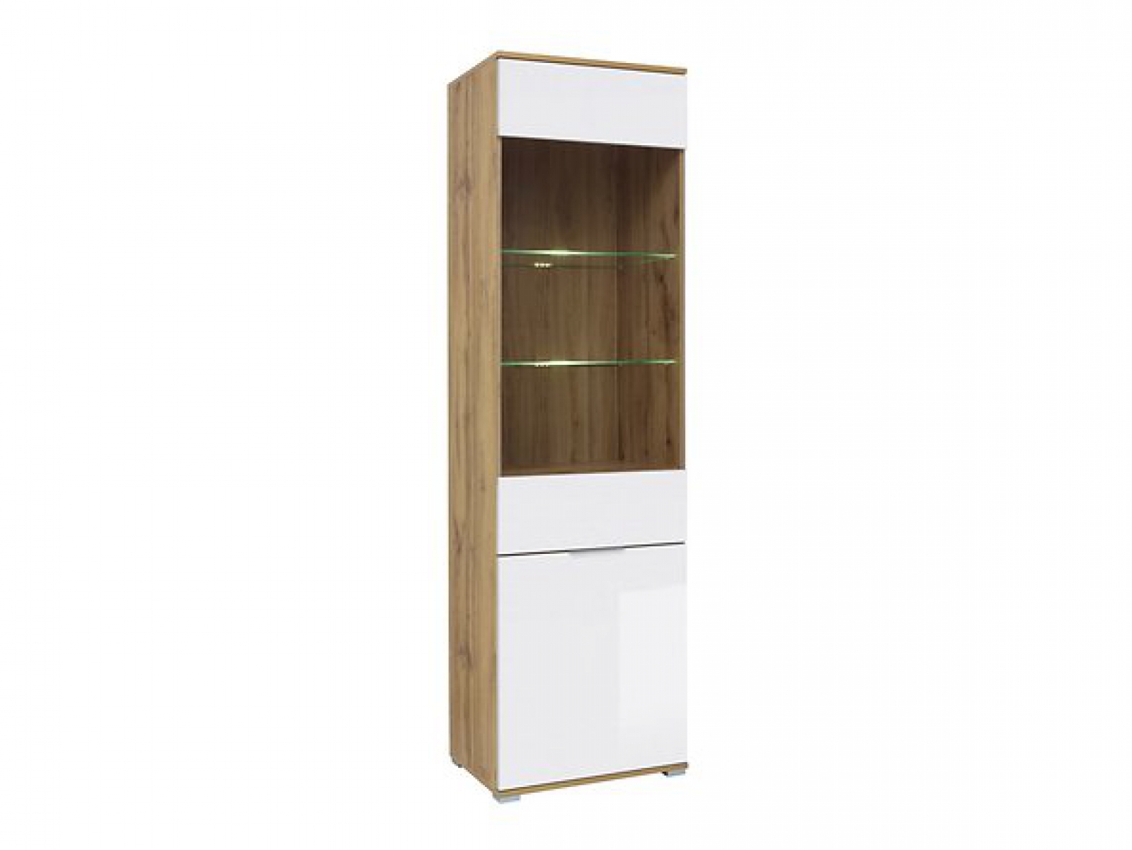 Vitrine Zele 56 cm Weiß Hochglanz/Wotan Eiche Modern Design LED Beleuchtung