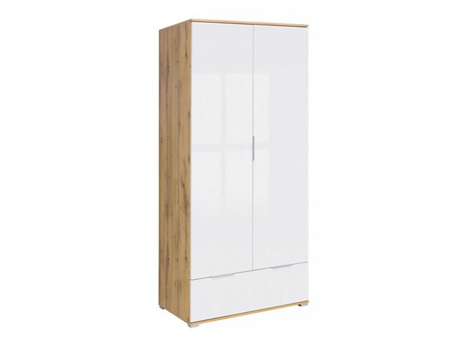 Kleiderschrank Zele 90,5cm mit 1 Schublade und 2 Türen Modern Weiß Hochglanz/Wotan Eiche