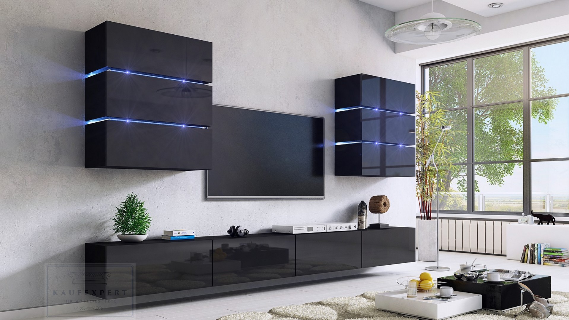 KAUFEXPERT - Wohnwand Dream Schwarz Hochglanz/Schwarz Matt 332 cm Mediawand  Medienwand Design Modern Led Beleuchtung MDF Hochglanz Hängewand  Hängeschrank TV Wand Shine Sigma Shadow