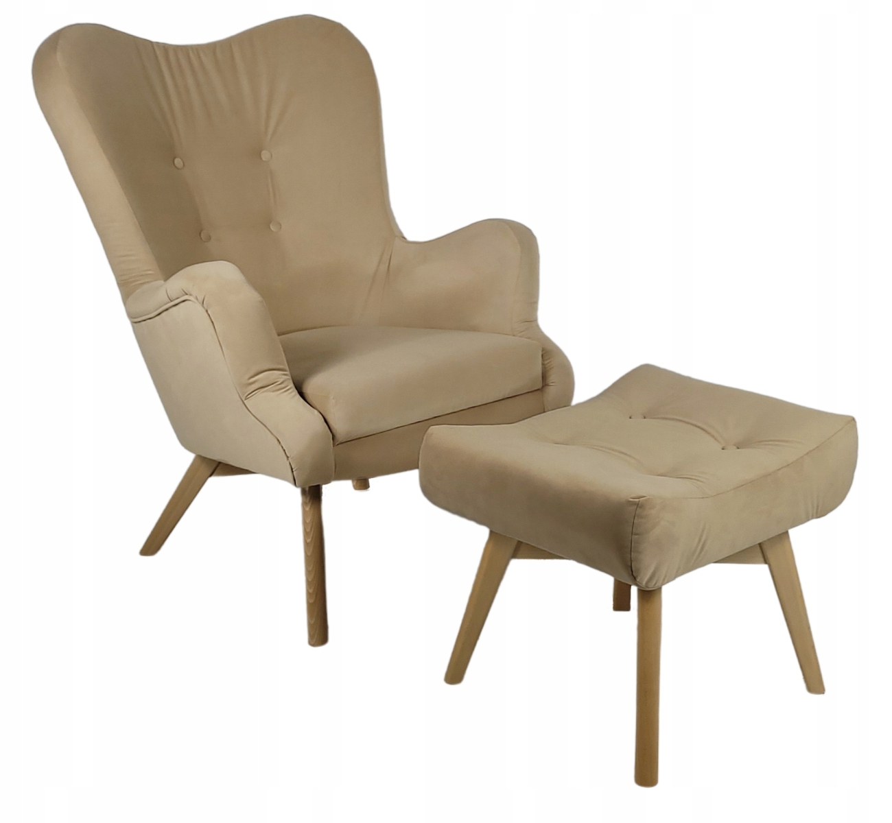 Sessel Vikka mit Hocker, Velur Plüsch Casablanca Beige