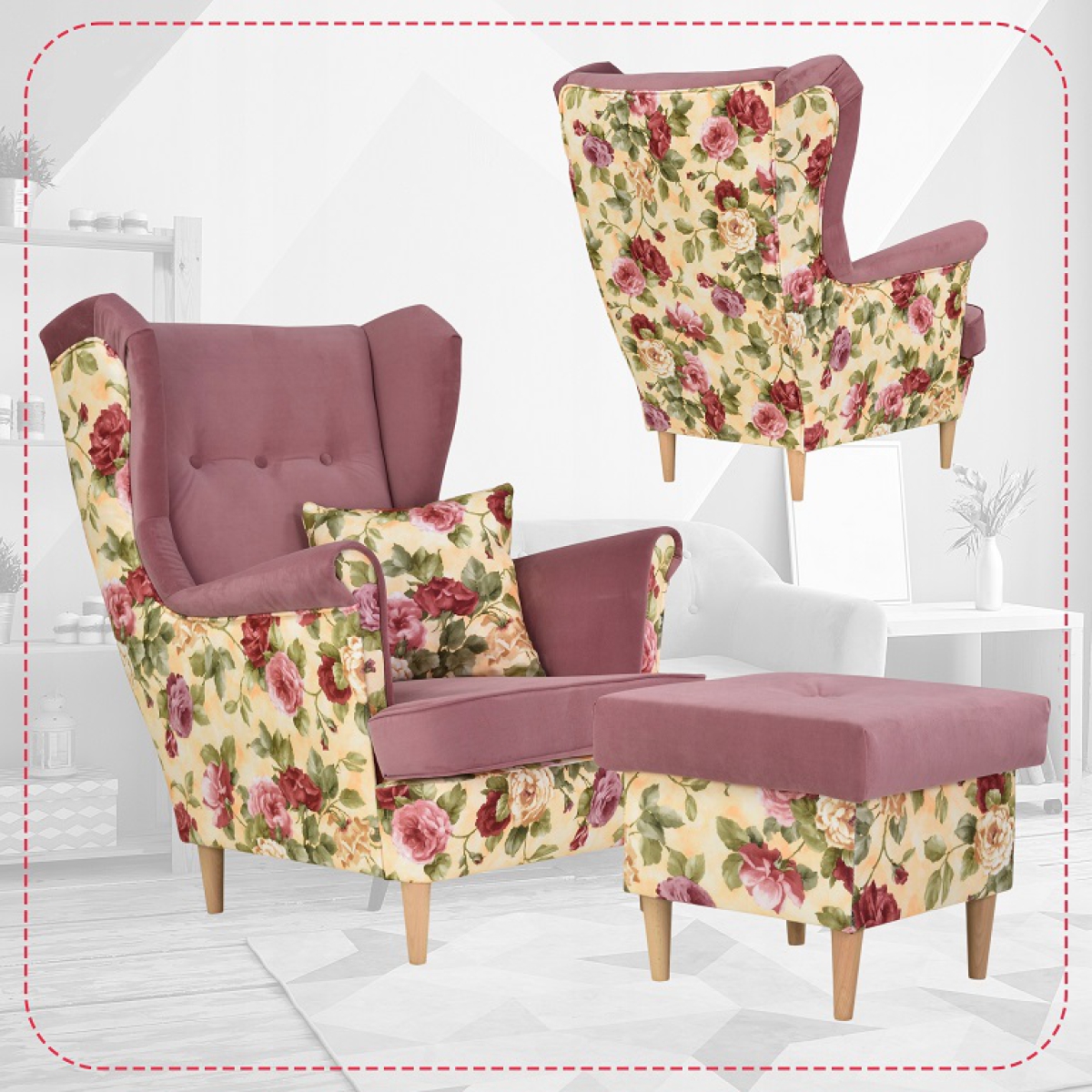 Ohrensessel ARI ROSE 01 / TRINITY 23 inkl.Hocker mit Stauraum und Zierkissen Wohnzimmersessel  Blumenmuster Romantisch