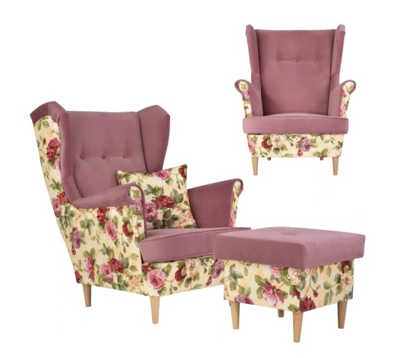 Ohrensessel ARI ROSE 01 / TRINITY 23 inkl.Hocker mit Stauraum und Zierkissen Wohnzimmersessel  Blumenmuster Romantisch