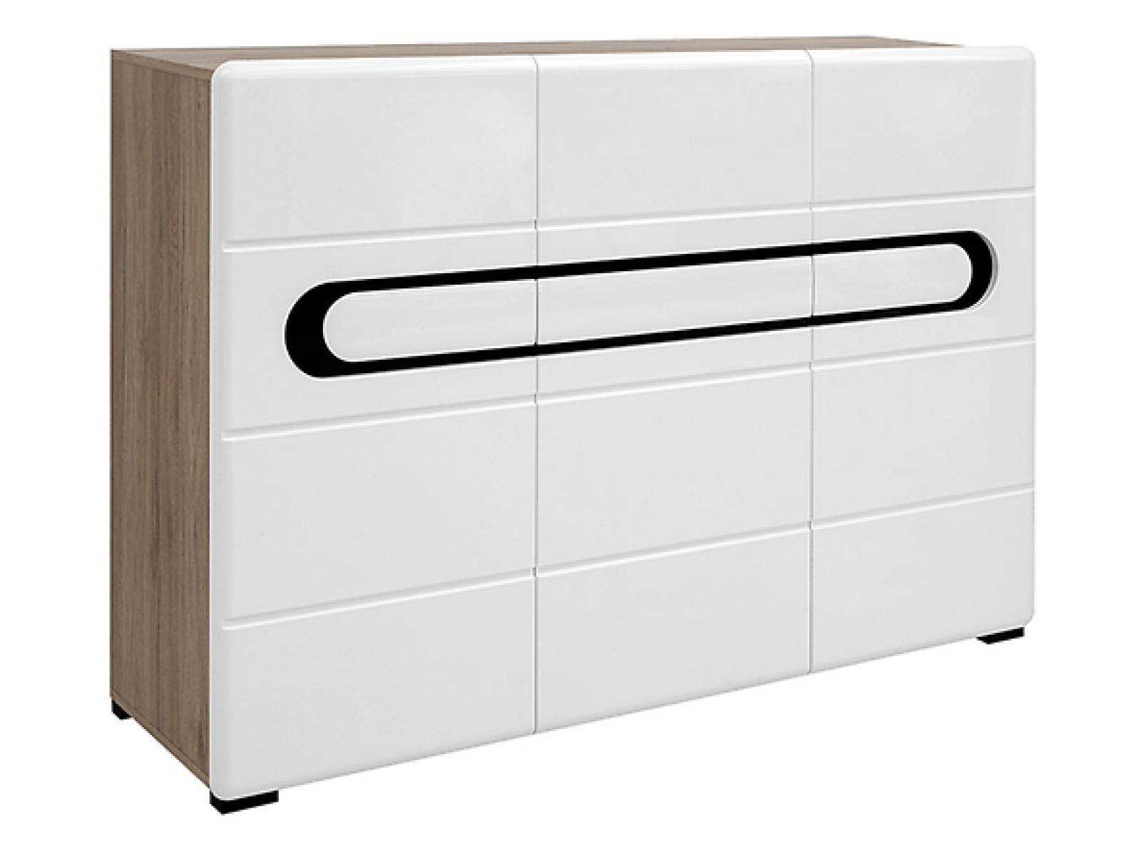 Kommode BYRON 150 cm mit schönen abgerundeten Kanten, Soft Close, Weiß Hochglanz/San Remo Eiche Matt, Gehärtetes Glas, Modernes Design Anrichte Sideboard