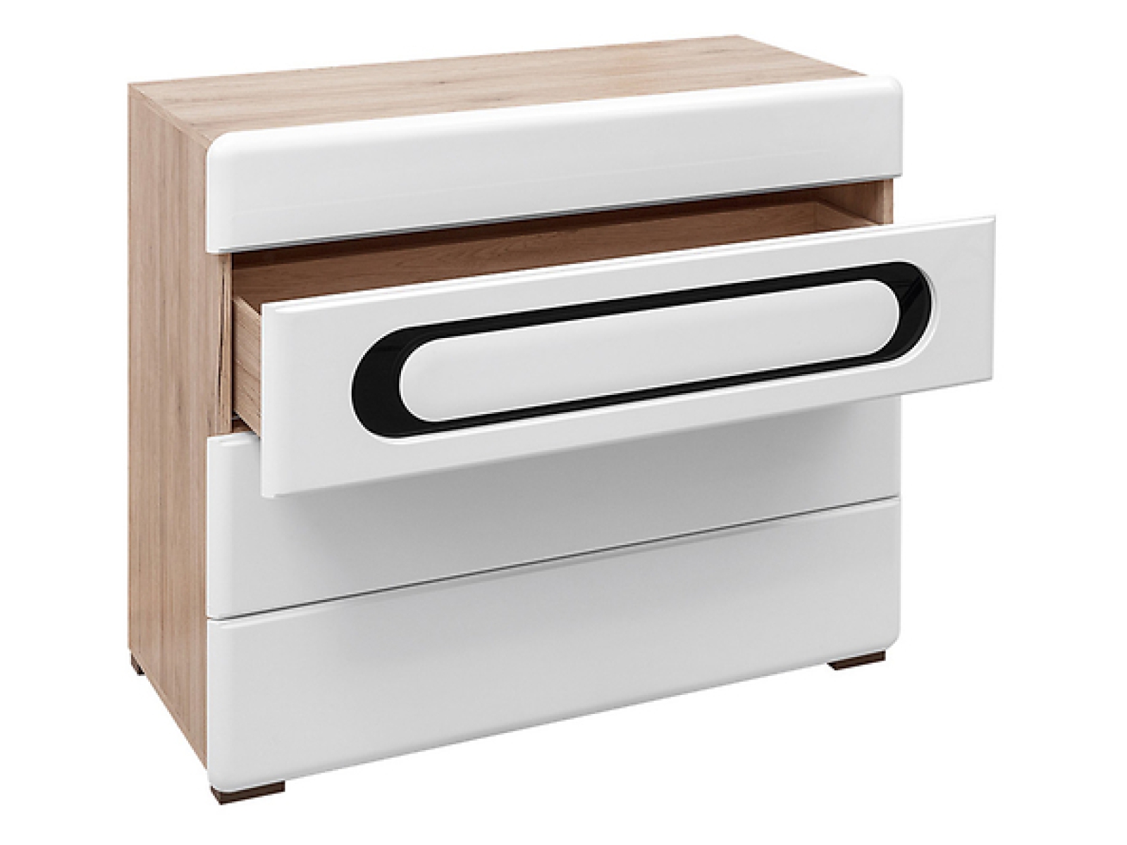 Kommode BYRON 100 cm mit schönen abgerundeten Kanten, Soft Close, Weiß Hochglanz/San Remo Eiche Matt, Gehärtetes Glas, Modernes Design Anrichte Sideboard