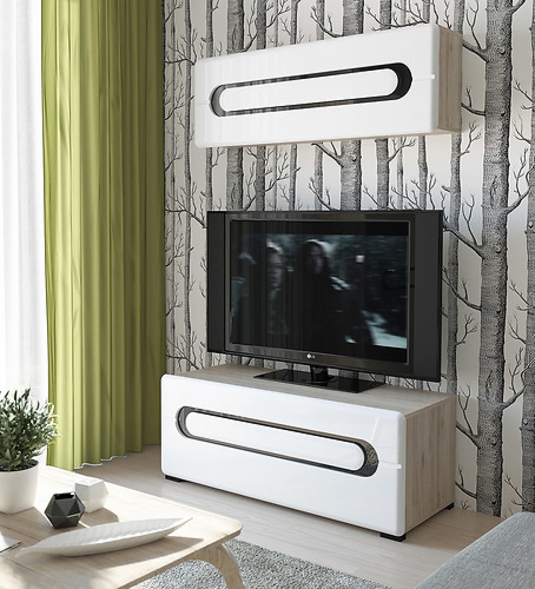 Tv Lowboard Byron 120 cm Weiß Hochglanz/San Remo Eiche Matt, MDF Design Board HiFi Tisch Modern Wohnwand Schrank Möbel