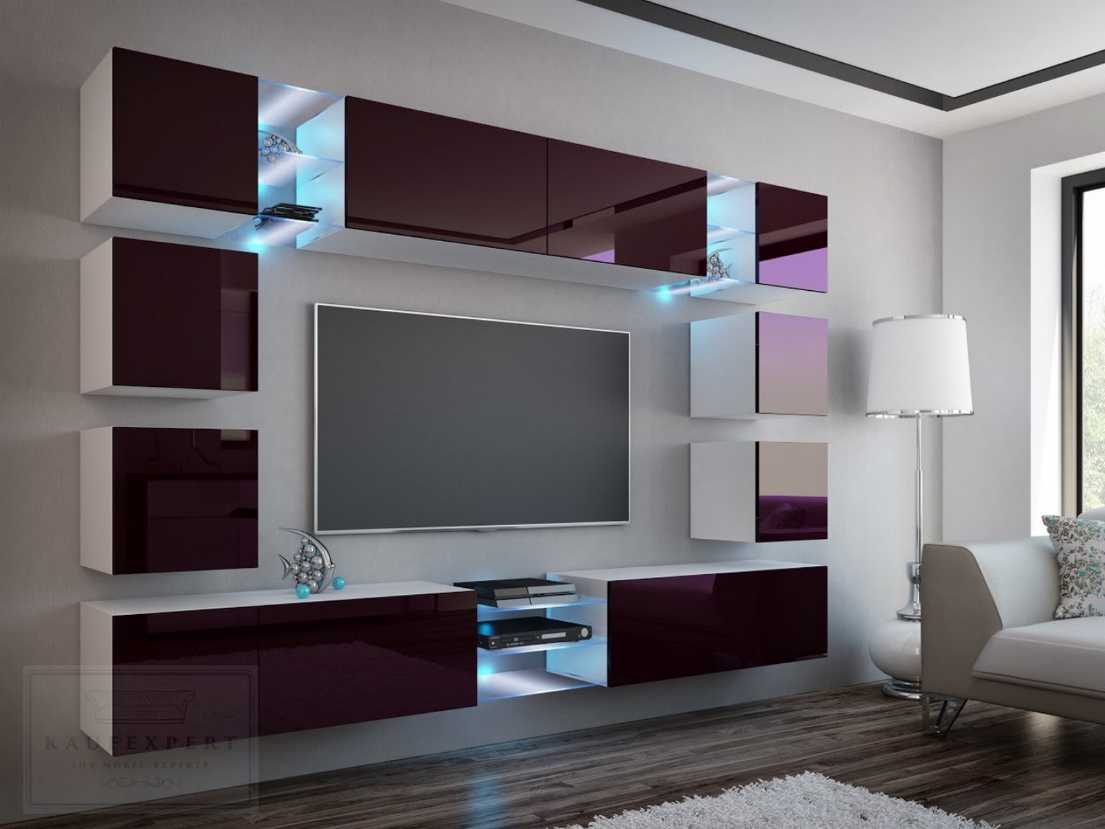 Wohnwand Edge Aubergine Hochglanz/Weiß  Mediawand Medienwand Design Modern Led Beleuchtung MDF Hochglanz Hängewand Hängeschrank TV Wand