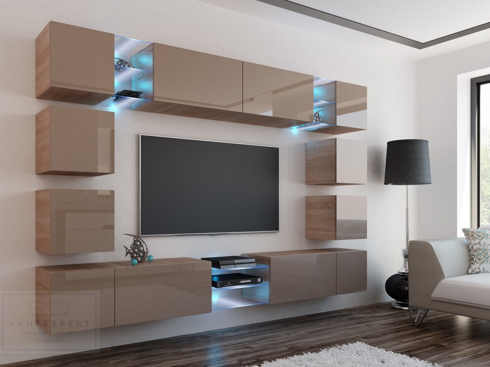 Wohnwand Edge Cappuccino Hochglanz/Sonoma Eiche Mediawand Medienwand Design Modern Led Beleuchtung MDF Hochglanz Hängewand Hängeschrank TV Wand