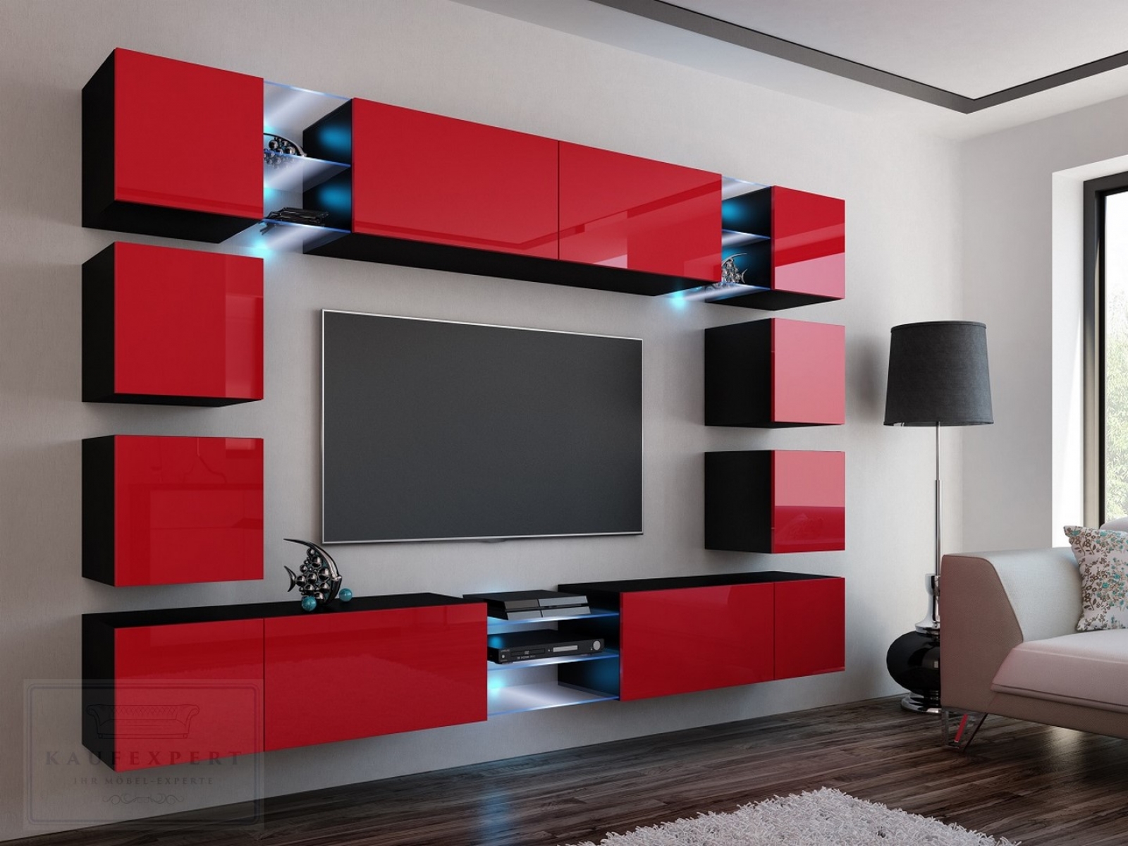 Wohnwand Edge Rot Hochglanz/Schwarz  Mediawand Medienwand Design Modern Led Beleuchtung MDF Hochglanz Hängewand Hängeschrank TV Wand