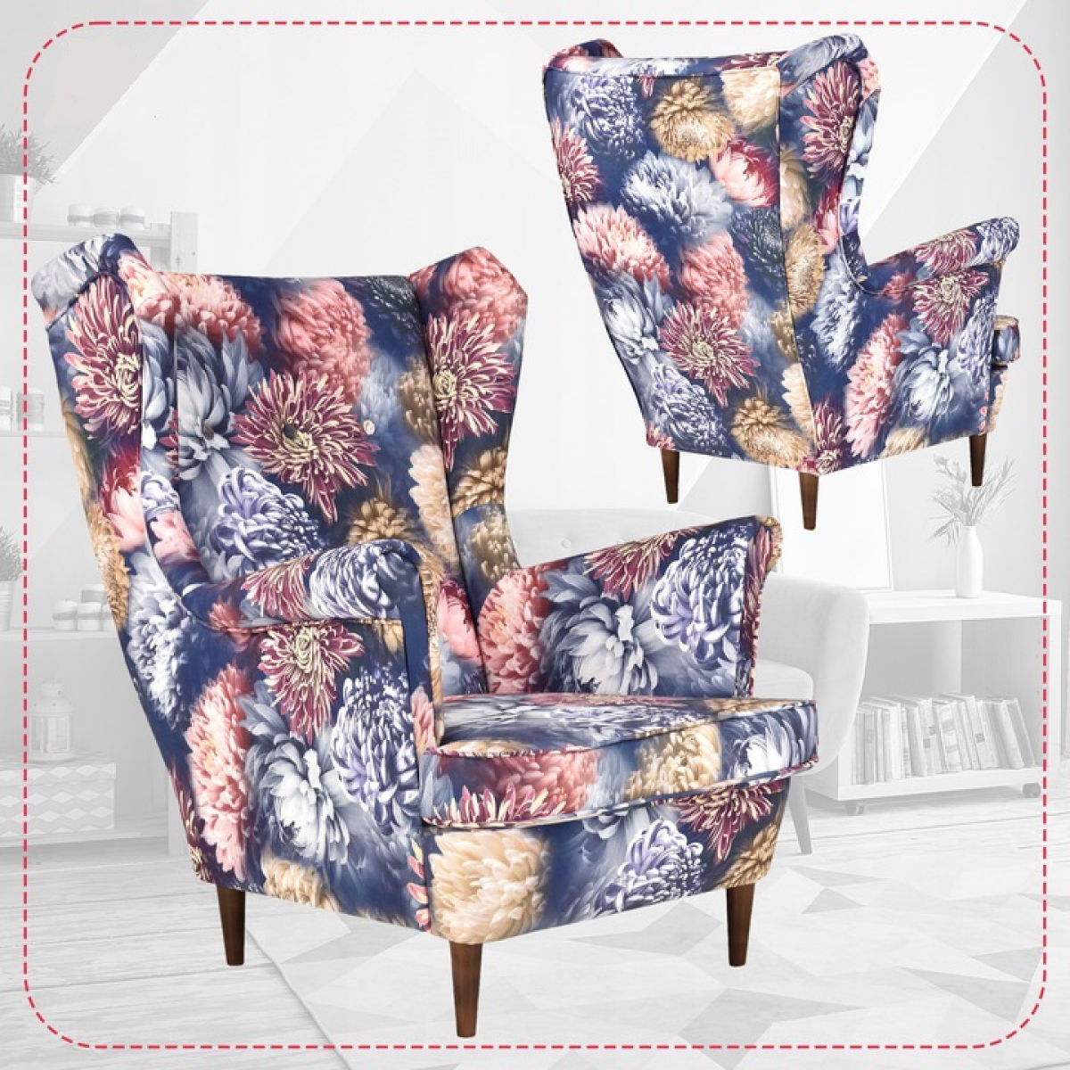 Romantischer Ohrensessel Flower 2 ohne Hocker Wohnzimmersessel Blumenmuster