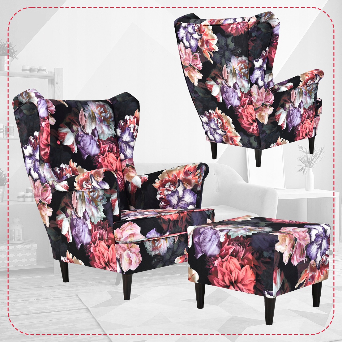 Ohrensessel Flower 3 mit Hocker Wohnzimmersessel  Blumenmuster