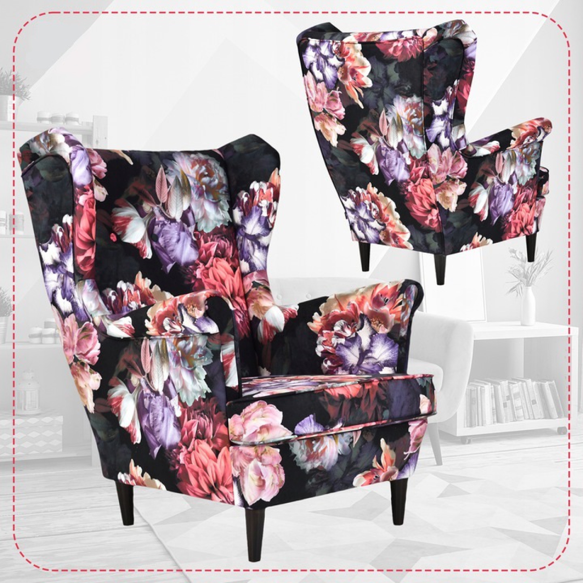 Ohrensessel Flower 3 ohne Hocker Wohnzimmersessel  Blumenmuster