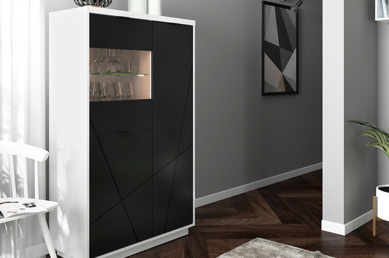 Vitrine Forn 94 cm Soft Close Schwarz Matt/ Weiß Hochglanz Modern Design LED Beleuchtung