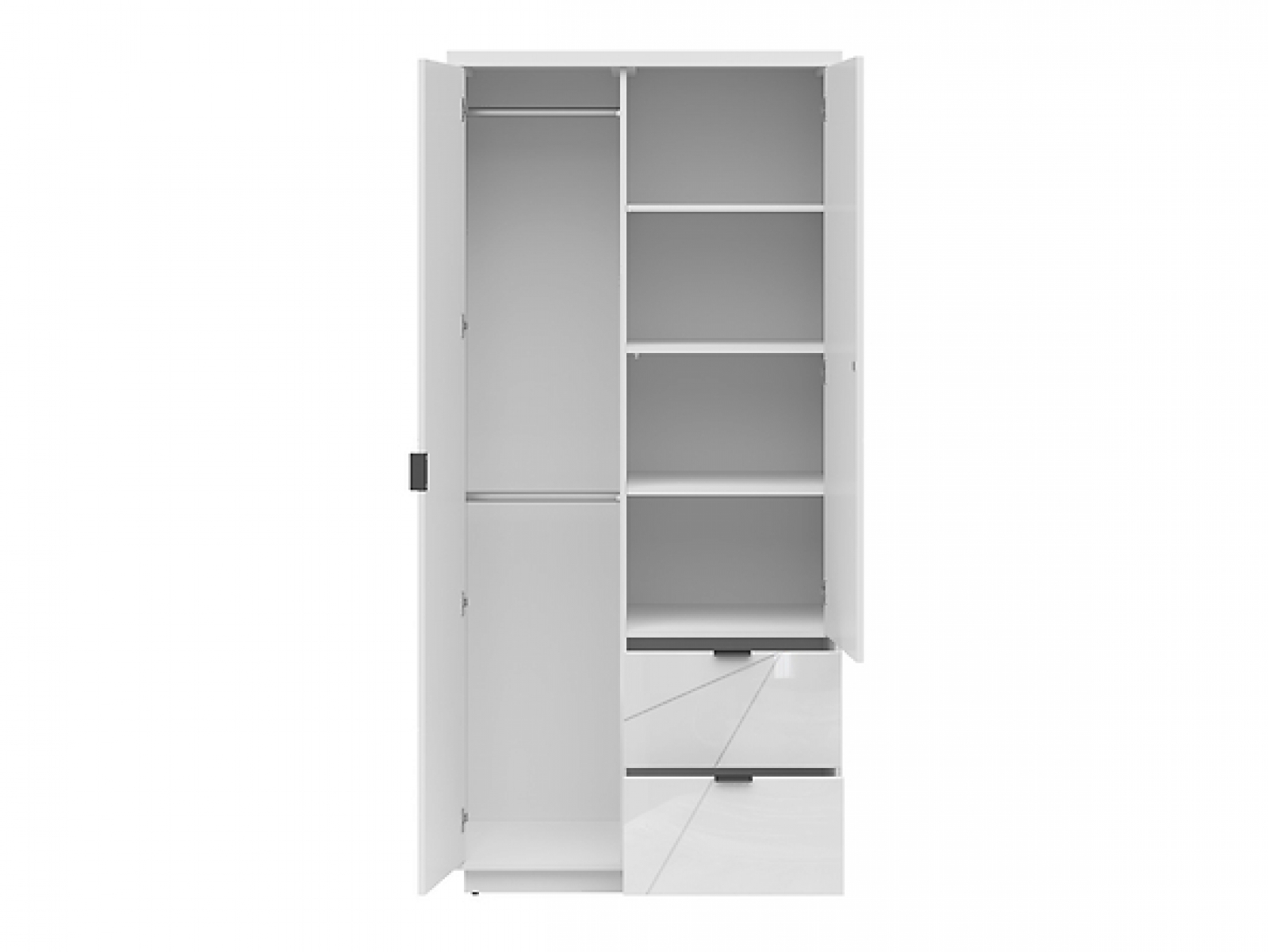 Kleiderschrank Forn 94cm Soft Close Weiß Hochglanz/ Weiß Glanz mit 2 Schubladen Modernes Design Jugendschrank Kinderschrank