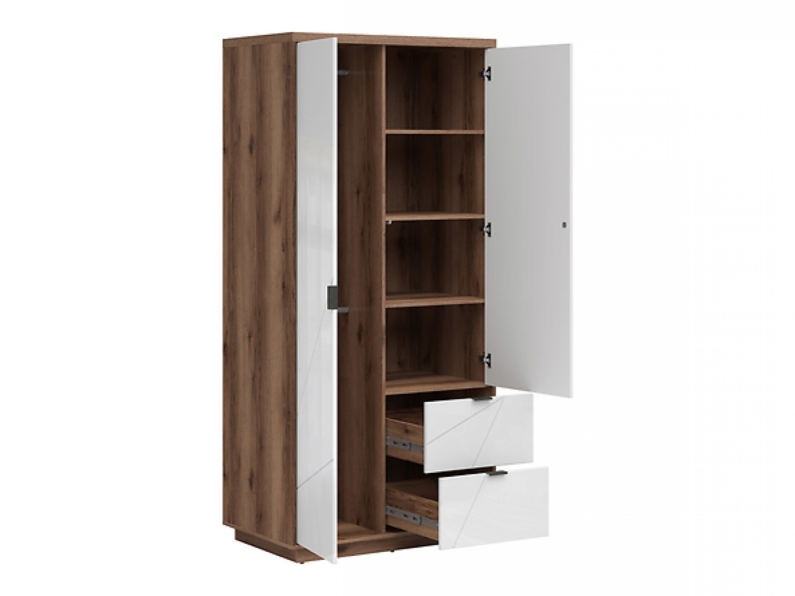 Kleiderschrank Forn 94cm Soft Close Weiß Hochglanz/ Eiche Delano mit 2 Schubladen Modernes Design Jugendschrank Kinderschrank