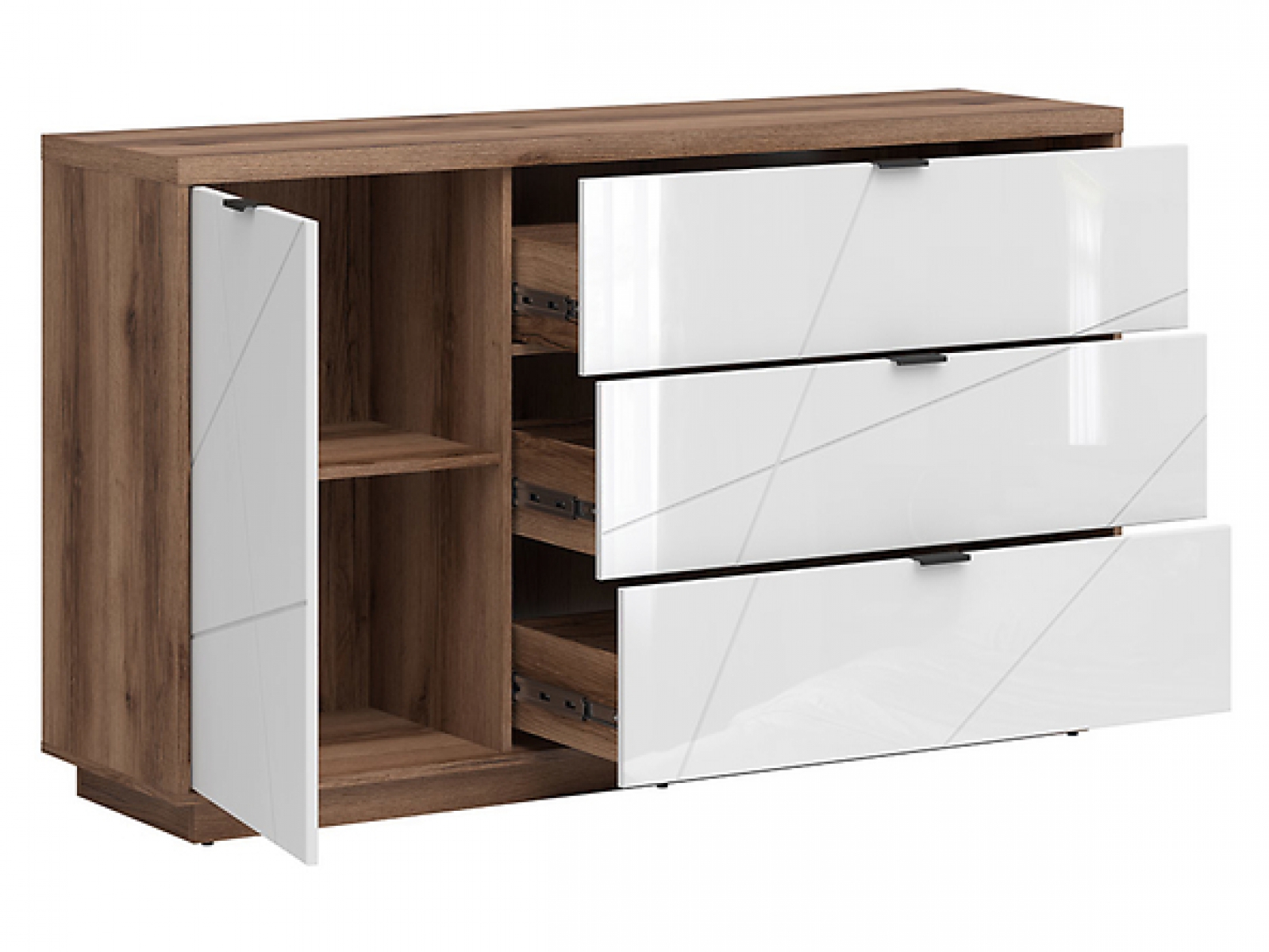 Kommode Forn 156cm Soft Close Weiß Hochglanz/Eiche Delano Sideboard Modern Design Anrichte Wohnzimmer Schrank