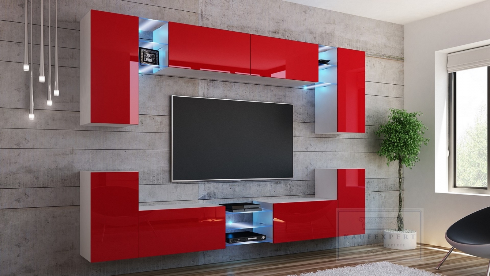 Wohnwand Galaxy Rot Hochglanz/ Weiß Mediawand Medienwand Design Modern Led Beleuchtung MDF Hochglanz Hängewand Hängeschrank TV Wand
