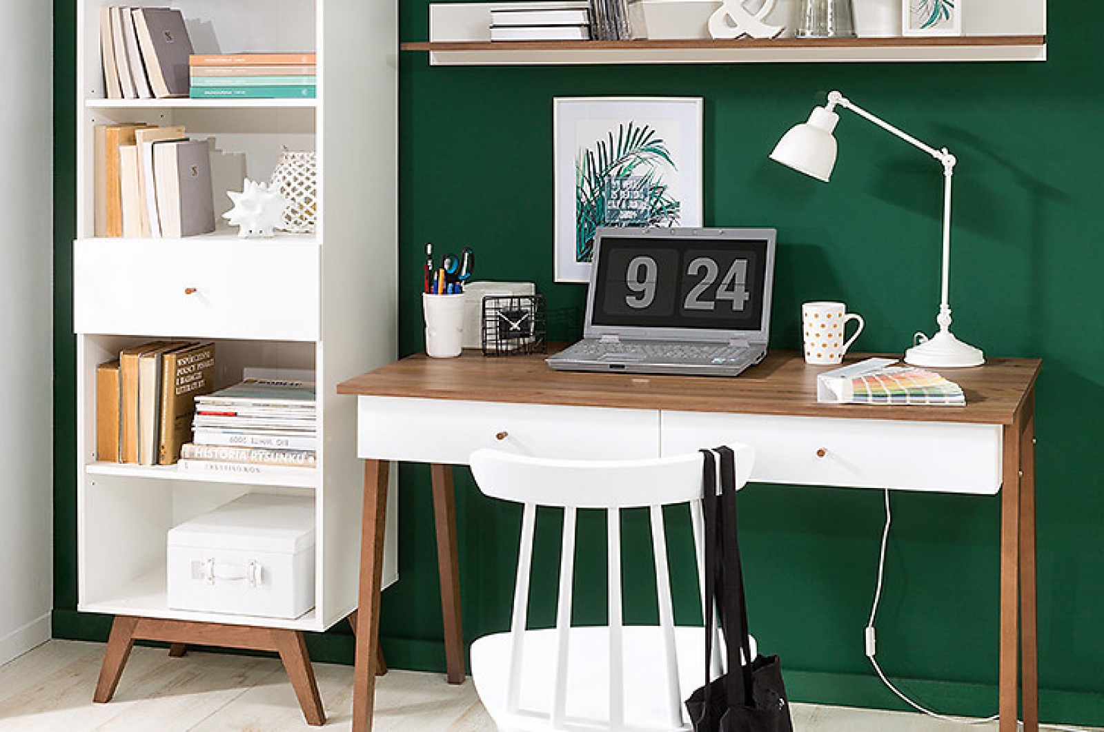 Schreibtisch Heda 120,5cm Weiß /Sibu Lärche/ Weiß Hochglanz mit Schubladen Büromöbel Büroschreibtisch Computertisch