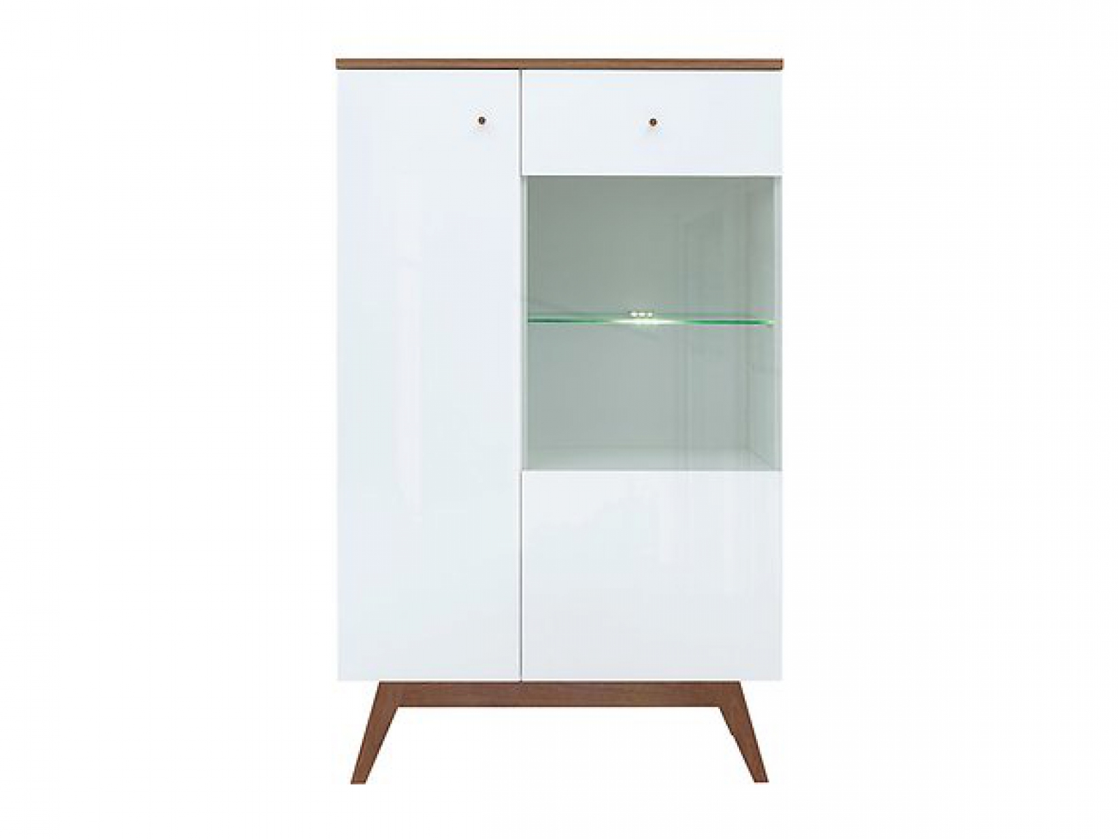 Vitrine Heda 85 cm Weiß Hochglanz/Sibu Lärche/Weiß Vintage Retro Design LED Beleuchtung