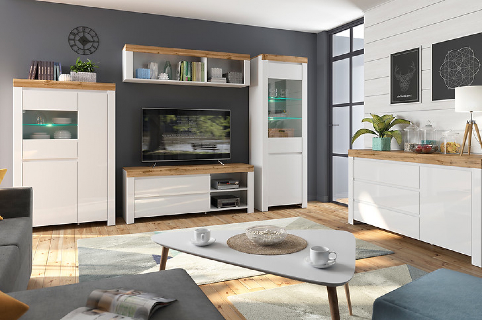 Vitrine Holten 68 cm Soft Close lackiert Weiß Hochglanz/Wotan Eiche/Weiß Modern Design LED Beleuchtung