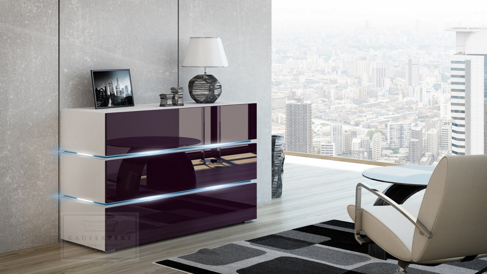 Kommode Shine Sideboard 120 cm Aubergine Hochglanz/Weiß LED Beleuchtung Modern Design TV Möbel Anrichte Sigma