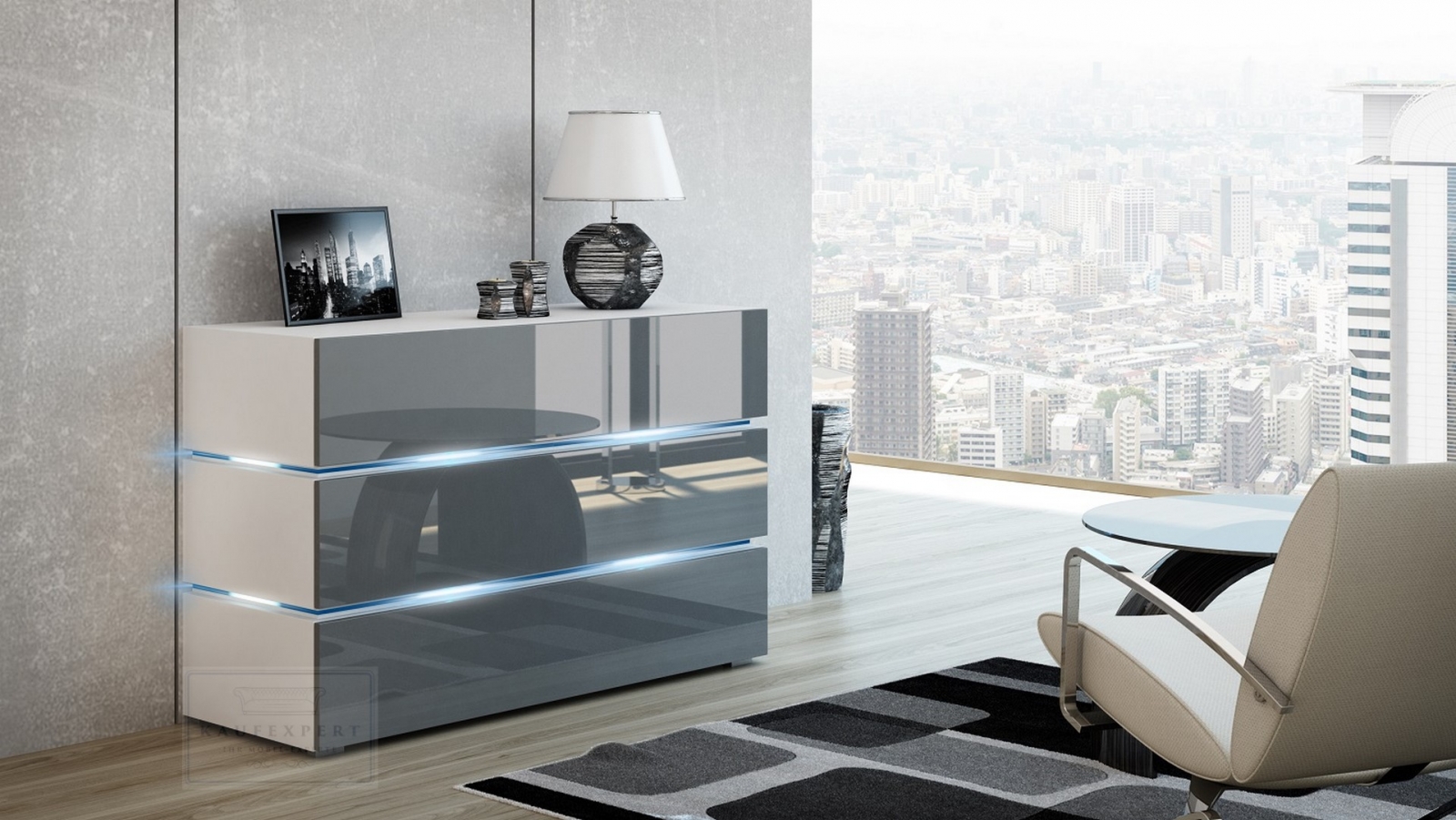 Kommode Shine Sideboard 90 cm Grau Hochglanz/Weiß LED Beleuchtung Modern Design TV Möbel Anrichte Sigma