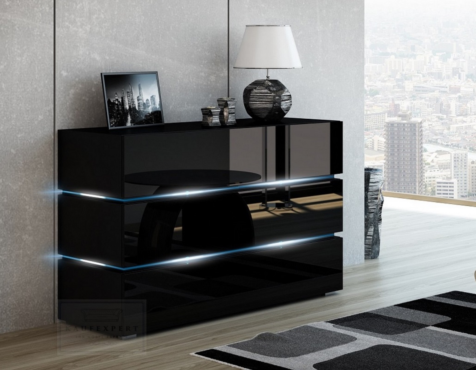 Kommode Shine Sideboard 120 cm Schwarz Hochglanz/ Schwarz LED Beleuchtung Modern Design TV Möbel Anrichte Sigma