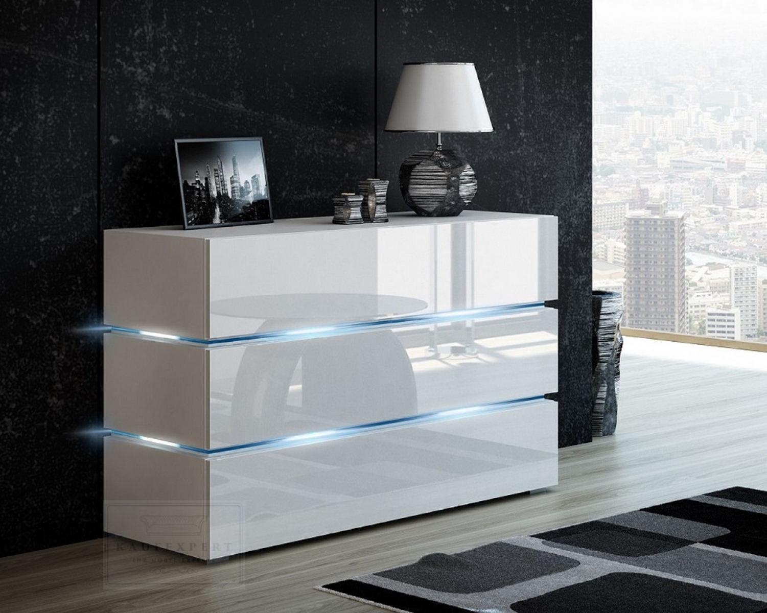 Kommode Shine Sideboard 120 cm Weiß Hochglanz/Weiß LED Beleuchtung Modern Design TV Möbel Anrichte Sigma