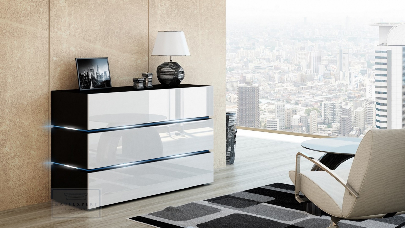 Kommode Shine Sideboard 120 cm Weiß Hochglanz/Schwarz LED Beleuchtung Modern Design TV Möbel Anrichte Sigma