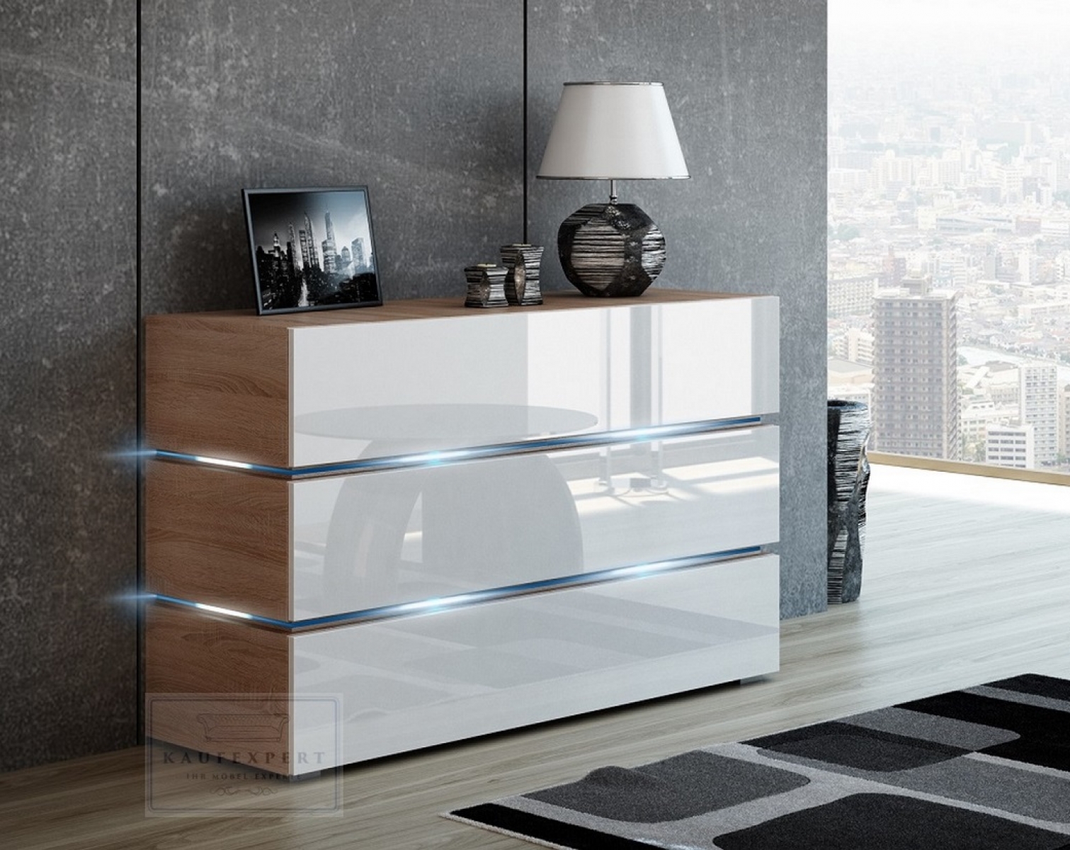 Kommode Shine Sideboard 120 cm Weiß Hochglanz/Sonoma Eiche LED Beleuchtung Modern Design TV Möbel Anrichte Sigma