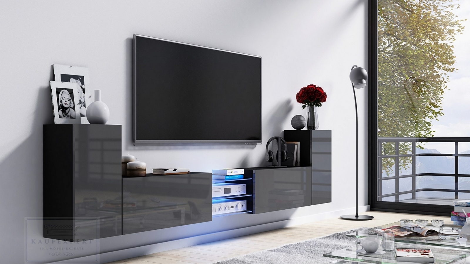 Tv Lowboard Galaxy Grau Hochglanz/Schwarz MDF Design Board HiFi Tisch Beleuchtung Modern Wohnwand  Schrank Möbel