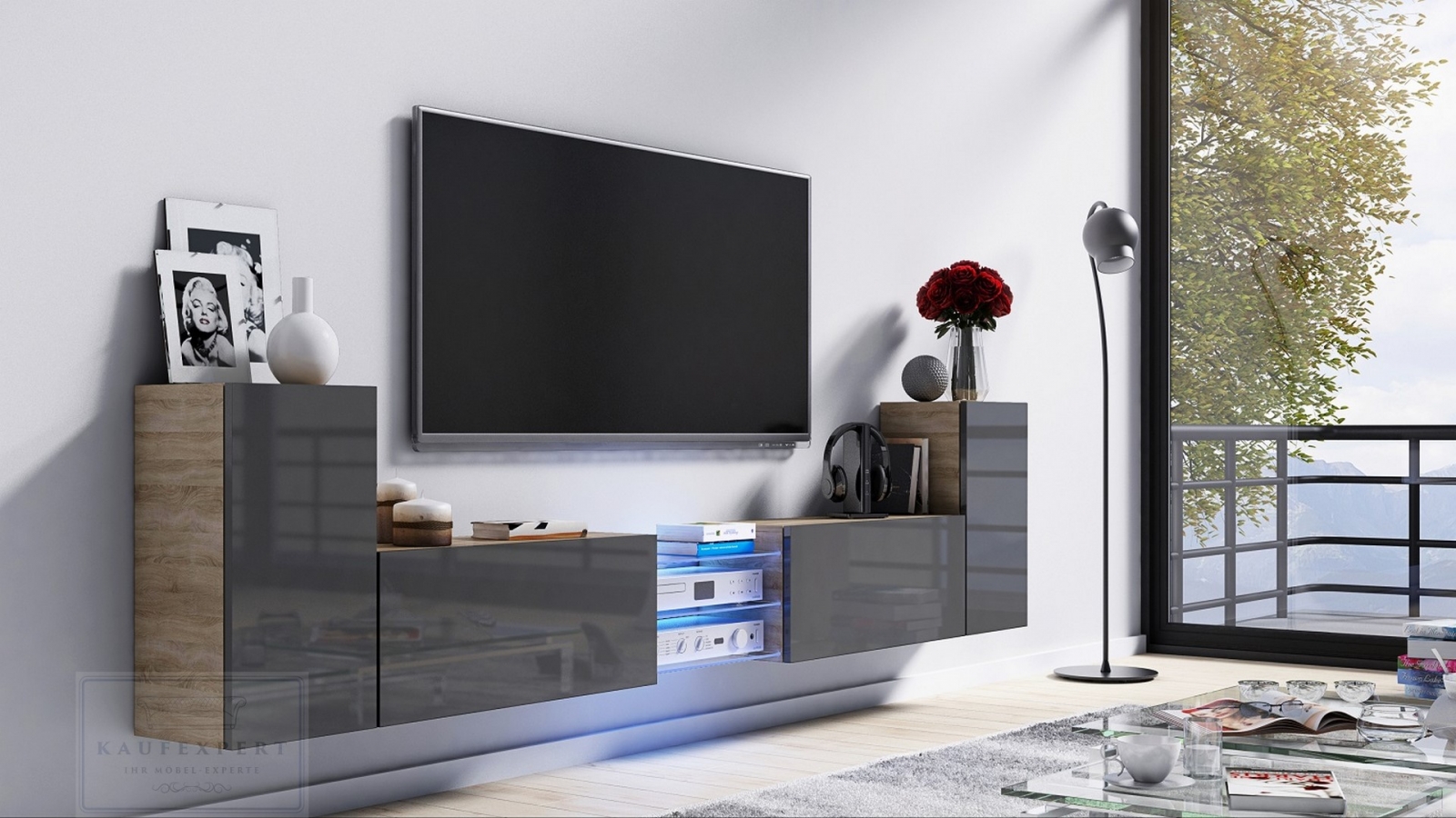 Tv Lowboard Galaxy Grau Hochglanz/Sonoma MDF Design Board HiFi Tisch Beleuchtung Modern Wohnwand  Schrank Möbel