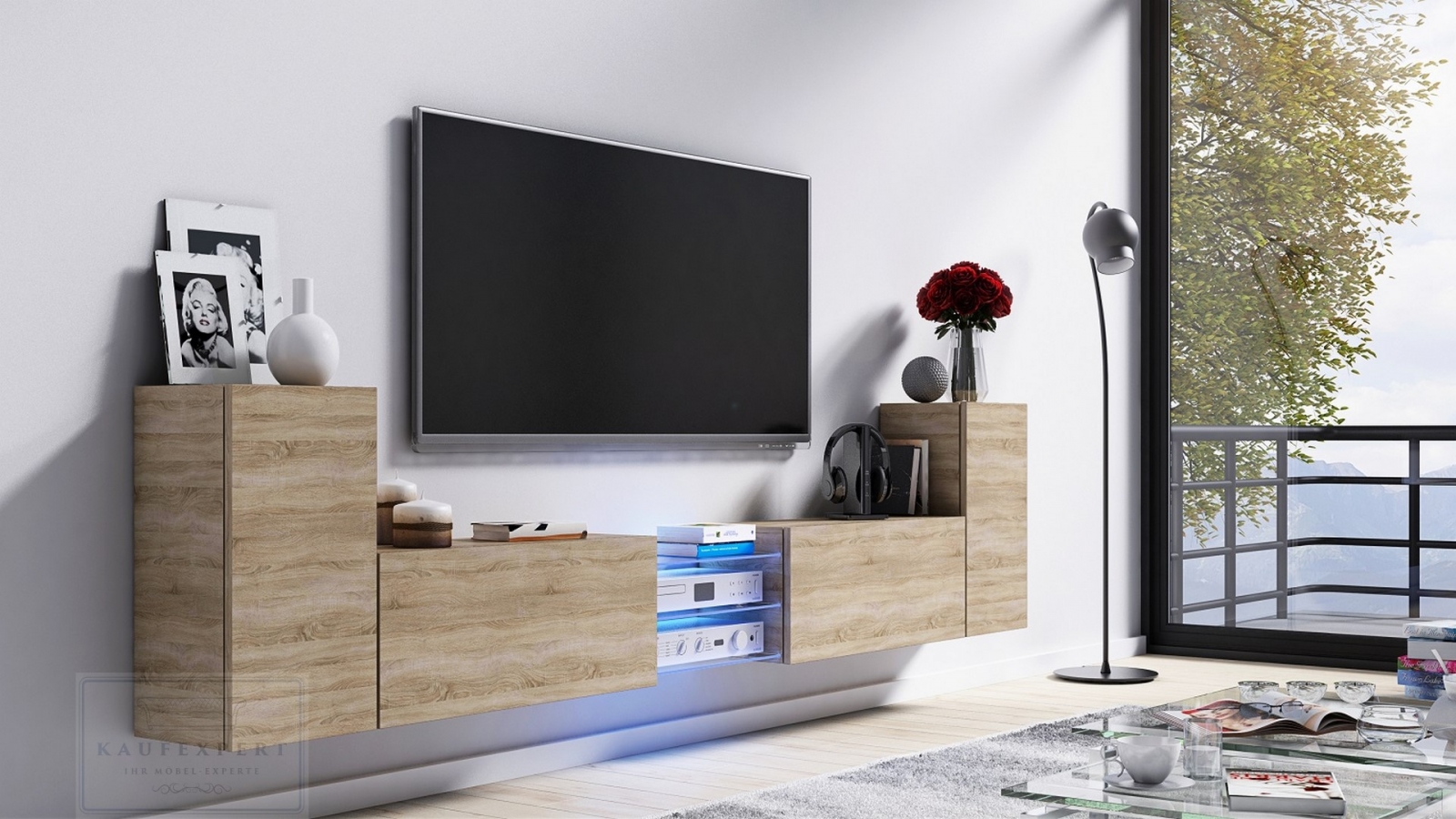 Tv Lowboard Galaxy Sonoma Eiche MDF Design Board HiFi Tisch Beleuchtung Modern Wohnwand  Schrank Möbel