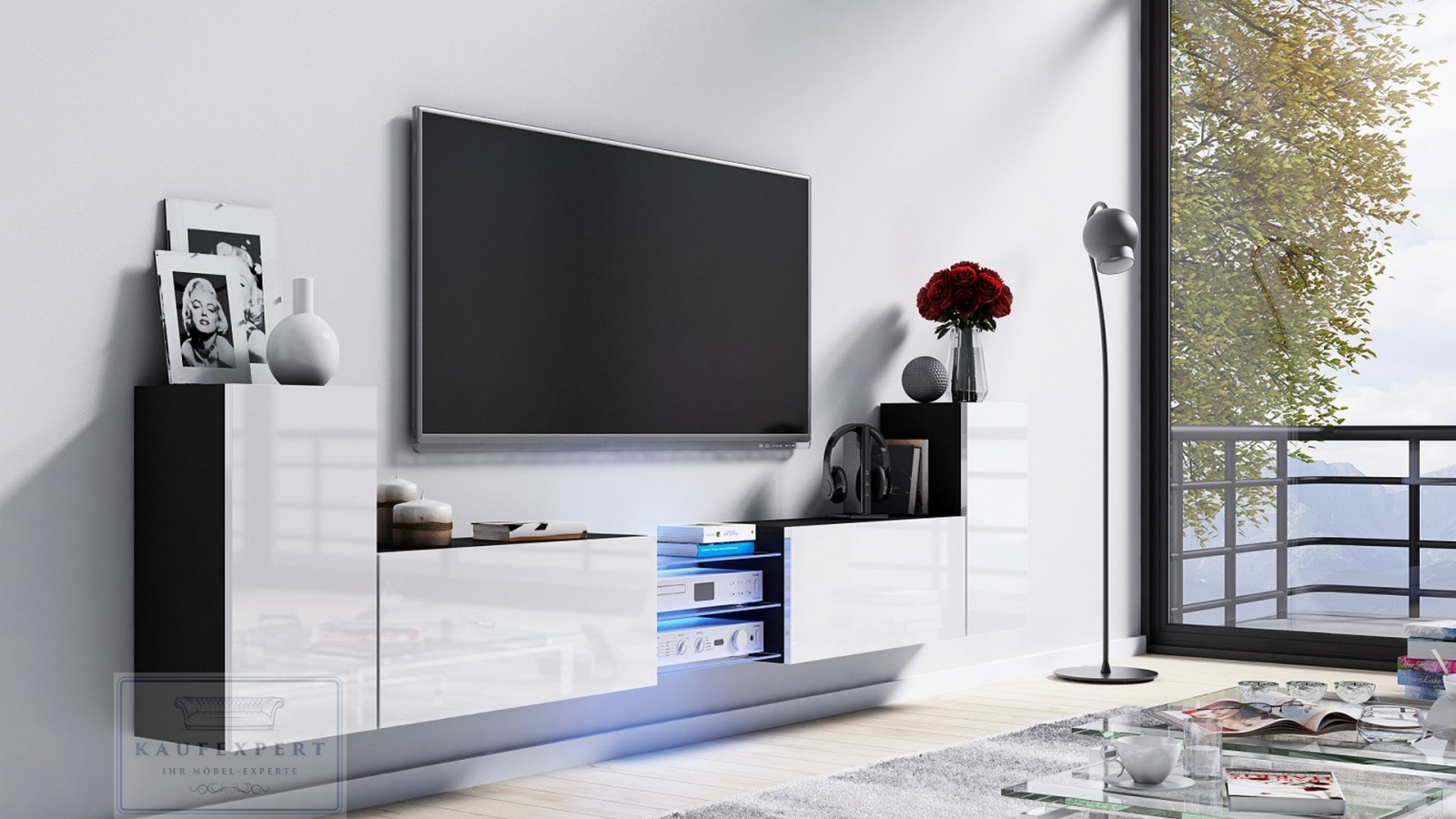 Tv Lowboard Galaxy Weiß Hochglanz/Schwarz MDF Design Board HiFi Tisch Beleuchtung Modern Wohnwand  Schrank Möbel