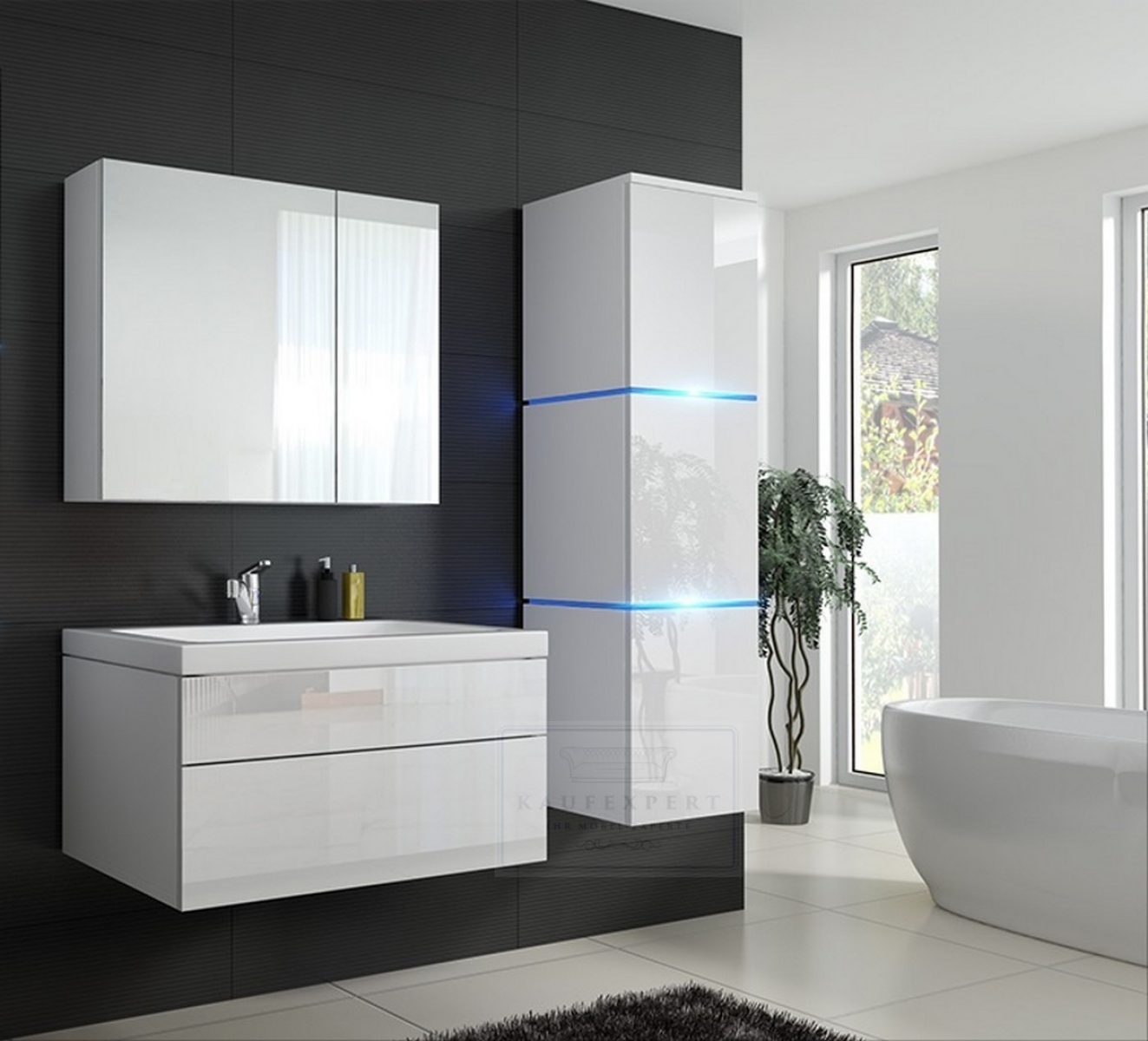 Badmöbel-Set Lux 1 NEW Weiß Hochglanz KERAMIK Waschbecken Badezimmer Led Beleuchtung Badezimmermöbel Keramikbecken