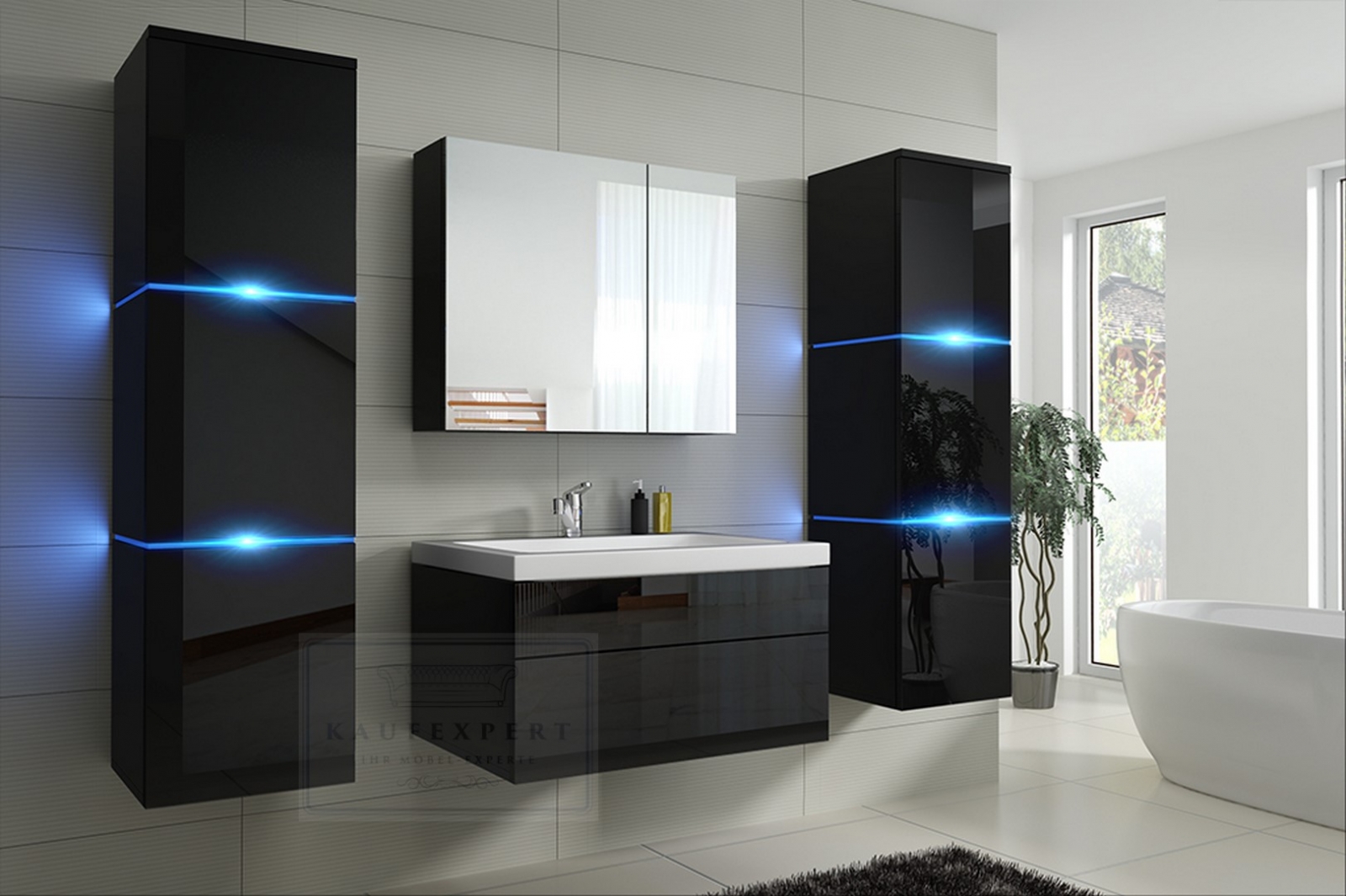 Badmöbel-Set Lux NEW Schwarz Hochglanz KERAMIK Waschbecken Badezimmer Led Beleuchtung Badezimmermöbel Keramikbecken