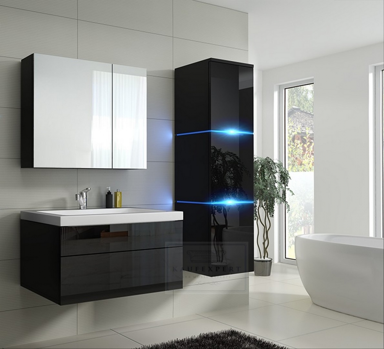Badmöbel-Set Lux 1 NEW Schwarz Hochglanz KERAMIK Waschbecken Badezimmer Led Beleuchtung Badezimmermöbel Keramikbecken