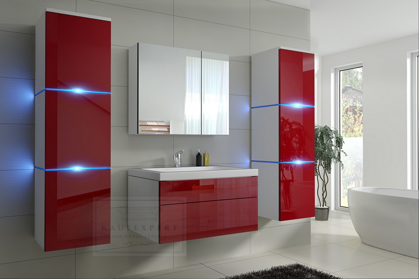 Badmöbel-Set Lux NEW Rot Hochglanz/Weiß KERAMIK Waschbecken Badezimmer Led Beleuchtung Badezimmermöbel Keramikbecken